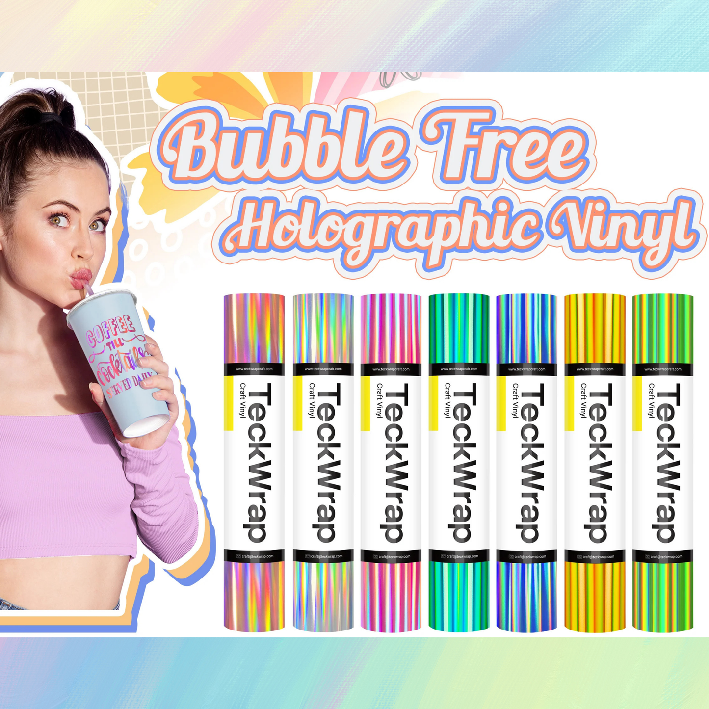 Teckwrap Craft Bubble Free Holographic Rainbow Premium Vinil – 30.4 cm × 152.4 cm